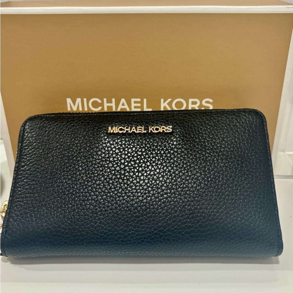 Michael Kors Pebbled Black Wallet with Gold Accents W/ free Mk gift box
